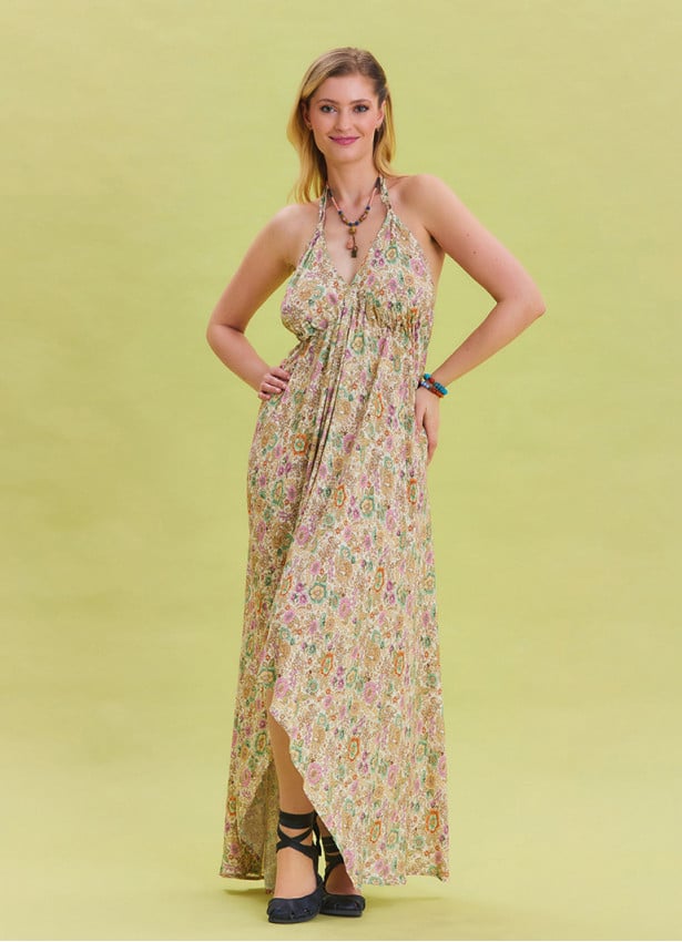 V Neck Backless Halter Neck Beige Floral Dress 4656